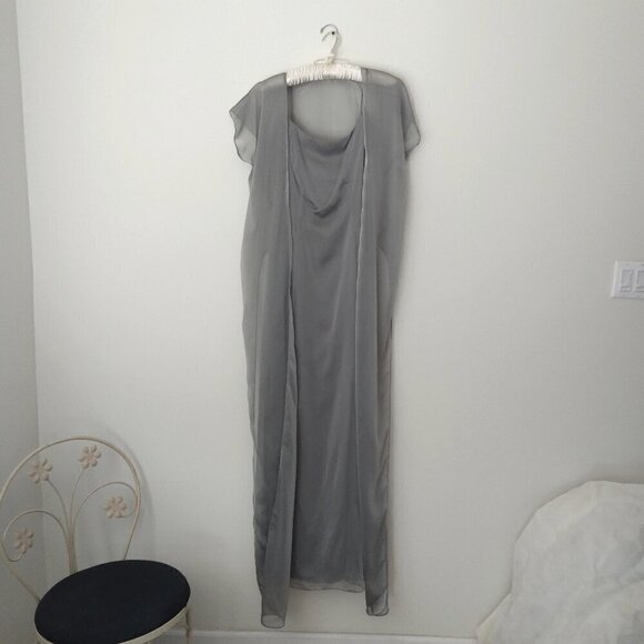 Pearl Grey Chiffon Slip Gown with Flowy Chiffon Floor Length Bolero Shawl  Sz8 - Picture 1 of 13